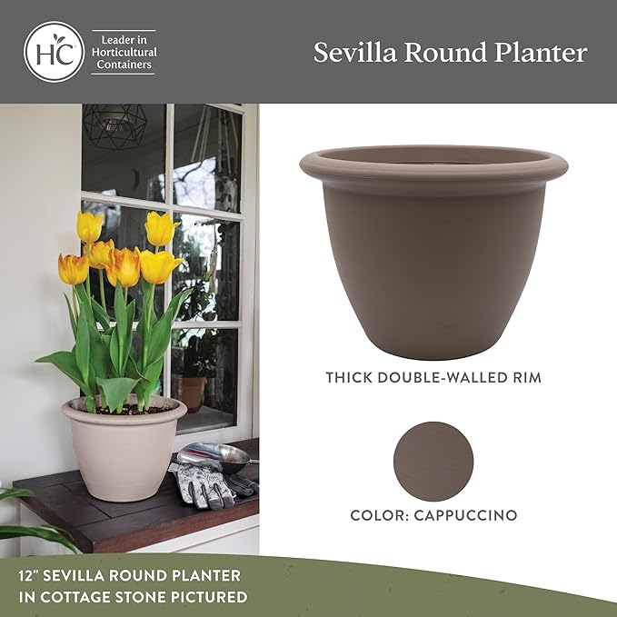 The HC Companies Sevilla Flower Planters - Outdoor & Indoor Planter - Round Self Watering Plant Pots for Herbs & More (9”, Cappuccino, Pack of 2)