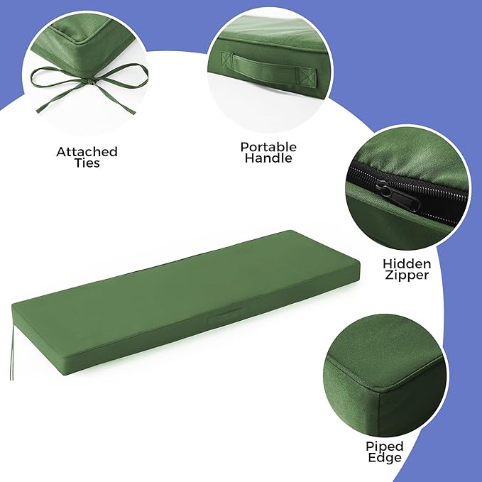 Outdoor Bench Cushions for Outdoor Furniture, 59x18x3 Inch, Waterproof Bench Pillow, Fade Resistant Long Bench Seat Pads for Garden, Indoor, Porch Swing, Army Green