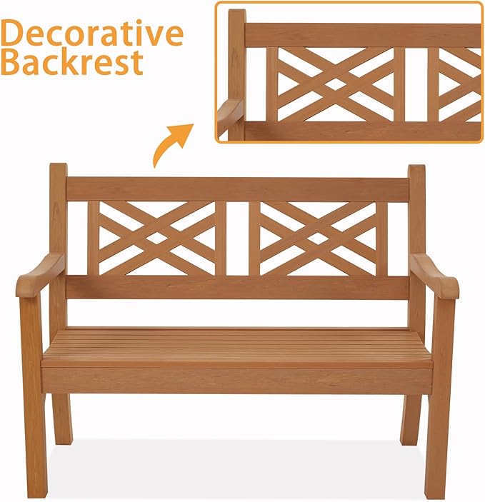 Psilvam 49''W All-Weather Poly Lumber Outdoor Bench – 2- Person Garden Bench with Decorative Backrest & Curved Armrests, Anti-Fade Patio Bench for Porch, Backyard, and Park(Teak Color)