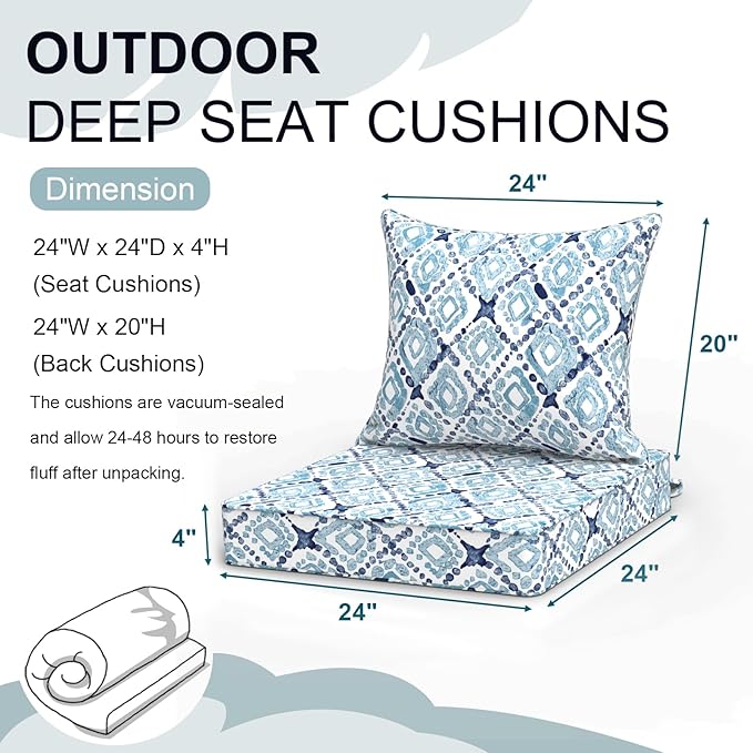 Outdoor Deep Seat Cushion Set, Water Repellent 24"x24" Patio Thick Cushions Replacement with Seat & Back Pillow for Patio Sofa, Wicker Chair, Couch - Boho Geometry Blue