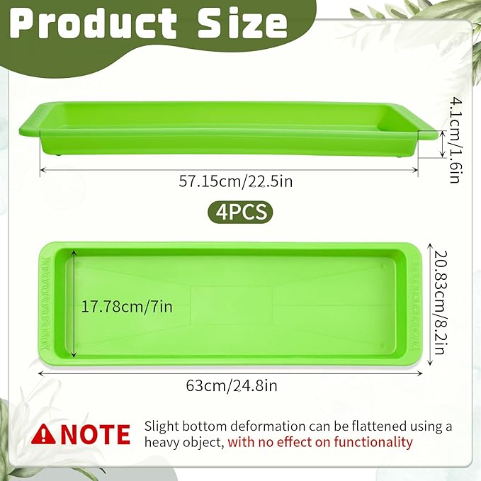 4 Pack Green 24 x 8 x 1.6 Inch Rectangle Plant Saucer Large Plastic Plant Tray Water Drip Trays for Windowsill Flower Pot Planter Drainage Germination Garden Indoor Outdoor Use
