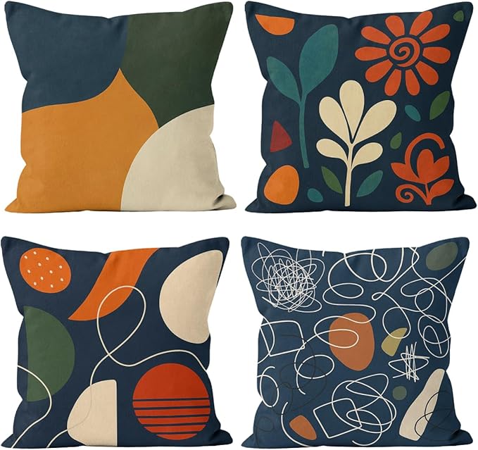 Abstract Pillow Covers 18x18 inch Set of 4, Modern Geometric Line Art Orange Green Blue Cushion Case Outdoor Sofa Throw Pillows Cover Garden Pillow Covers for Couch Living Room Bed Indoors Home Decor