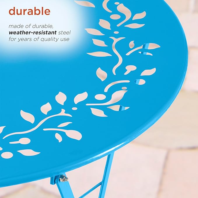 Alpine Corporation 3-Piece Bistro Set with Folding Table and 2 Chairs, Durable Steel Indoor/Outdoor Patio Furniture, Compact Seating, Blue