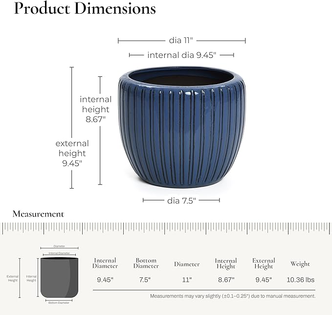 LuxenHome 11" Dia Ceramic Pots for Indoor Plants, Outdoor Large Planters with Drainage Holes and Rubber Plug, Modern Decorative Glazed Flower Pots, Blue Ribbed Round Planters for Home Garden Patio