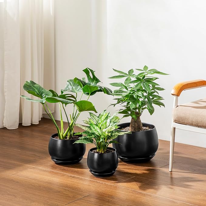 vancasso 3-Pack Ceramic Plant Pots, 7.3/9.6/11.6 Inch Indoor Planters with Saucers & Drainage Hole Planter pots for Indoor Plants and Flower, Black