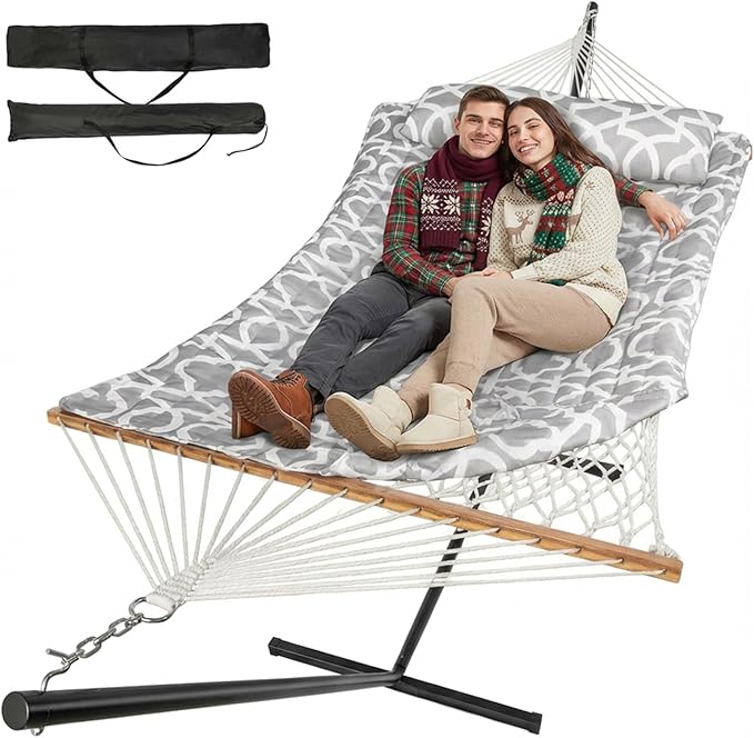 2 Person Outdoor Hammock with Stand, Cotton Rope Hammock with Polyester Pad, Adjustable Steel Frame, Portable with Carrying Bag – for Patio, Backyard, Garden, Beach, White-Gray