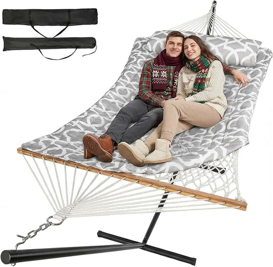 2 Person Outdoor Hammock with Stand, Cotton Rope Hammock with Polyester Pad, Adjustable Steel Frame, Portable with Carrying Bag – for Patio, Backyard, Garden, Beach, White-Gray