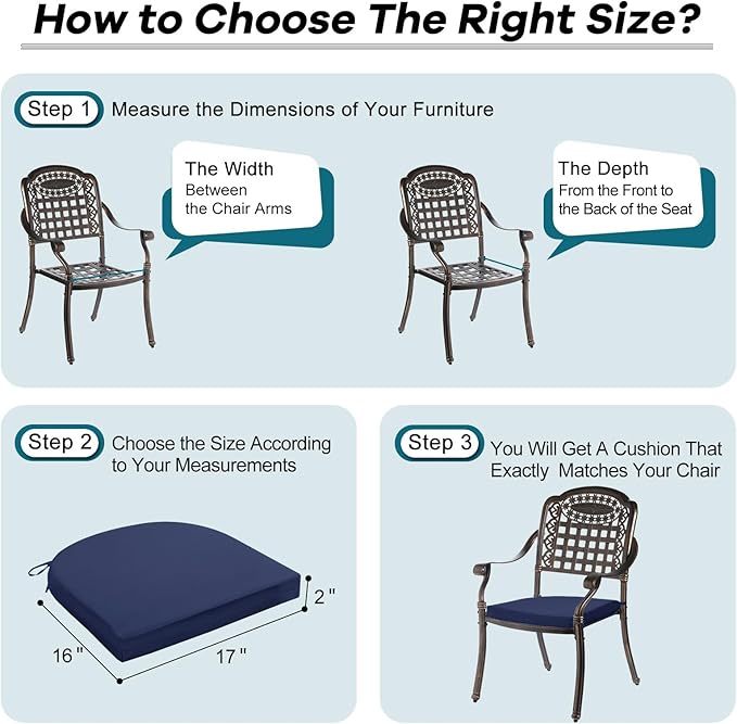 Basic Beyond Outdoor Chair Cushions Set of 4, Outdoor Cushions for Patio Furniture, Water Resistant Patio Chair Cushions with 2 Ties, 17x16x2, Navy