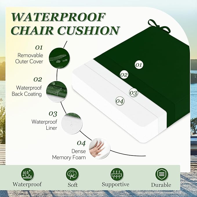 Waterproof Outdoor Chair Cushions Set of 2, Square Outdoor Seat Cushions with Ties and Removable Covers, 19 x 19 Outdoor Cushions for Patio Furniture with Portable Handle(Forest Green)