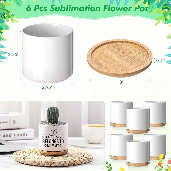 6 Pcs Sublimation Flower Pot Blanks Mini 2.95 in Garden Ceramic Succulent Planter Pot with Bamboo Tray with Drainage Hole Thank You Gift for Christmas Thanksgiving Day Plant Lover Women