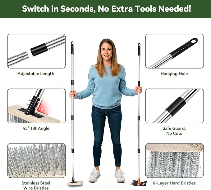 2-in-1 Weed Puller Tool & Moss Scrub Brush Set with 60" Adjustable Handle | Quick-Change Garden Hoe, Weed Puller & Concrete Brush for Patio Cleaning and Weed Removal with Pruning Shears & Gloves