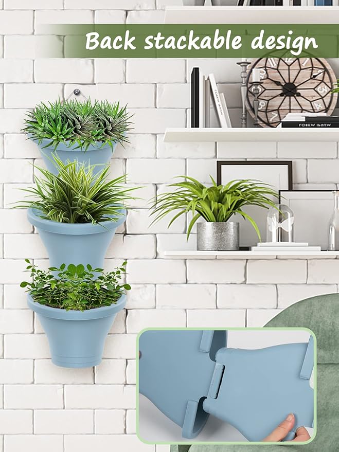 MADHOLLY 6Pcs Hanging Vertical Planter- Plastic Wall Hanging Planter with Hooks Leaky Grid- Self Watering Hanging Pots for Indoor Outdoor Garden Fence Hanging Decorations (Blue)