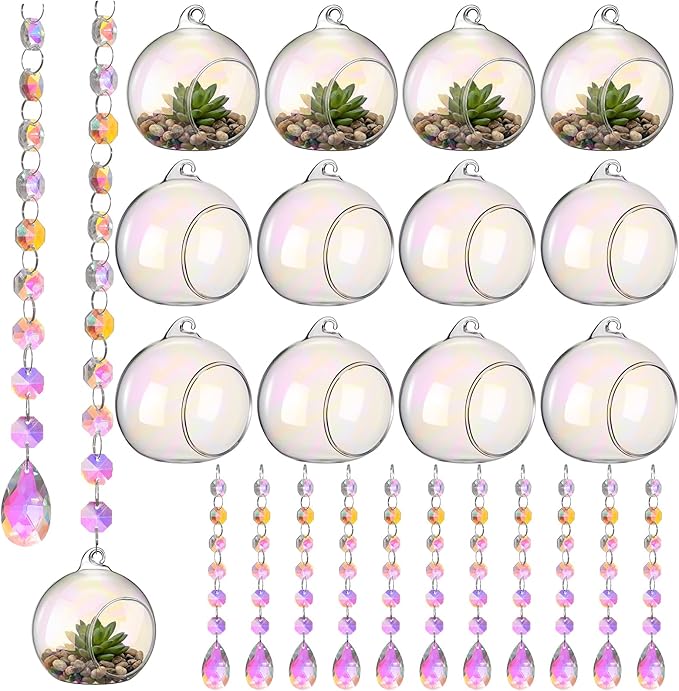 56 Pcs 3.15'' Hanging Glass Tealight Holder Globe with K9 Crystal Garland Strands,Teardrop Pendant Hanging Tealight Candle Holder Orbs Air Plant for Wedding Centerpiece Party Decor (Colorful)