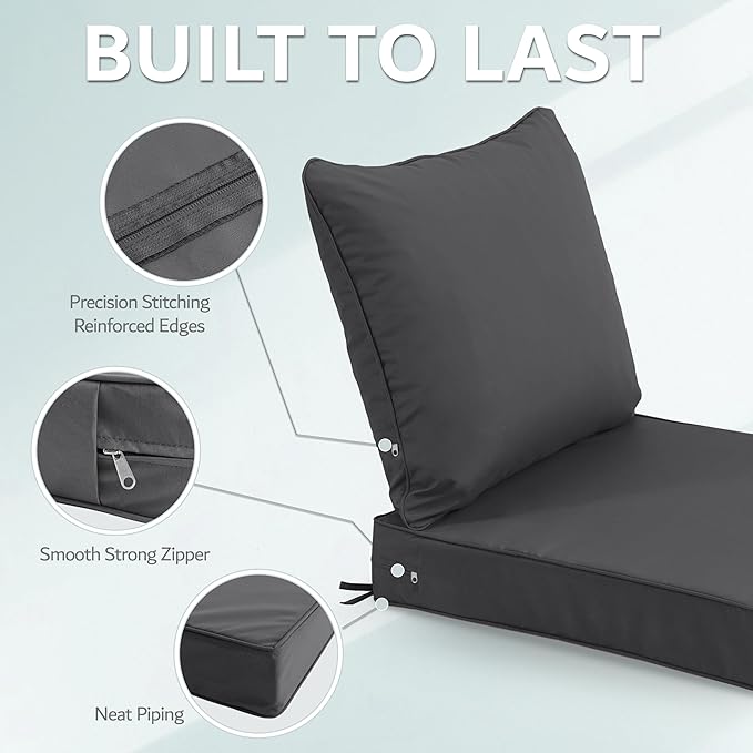 24x24 Inch Outdoor Chair Cushions Set of 2, Patio Furniture Cushions - Removable Cover, Water-Repellent, Fade-Resistant, Non-Slip Bottom & Straps, Replacement for Deep Seat Sofa & Couch - Dark Grey