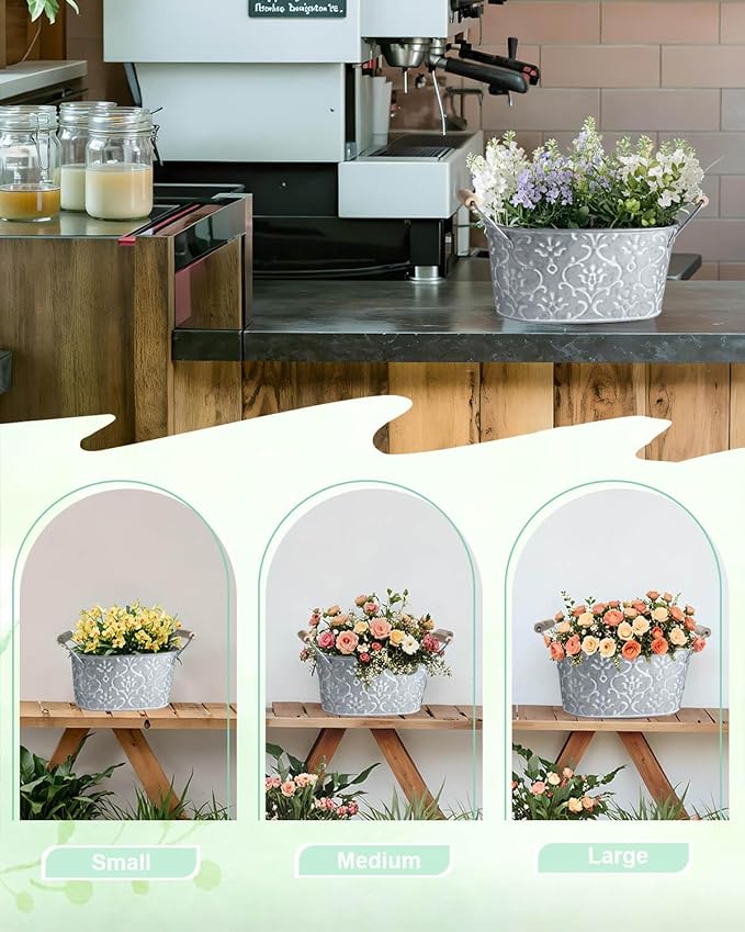 Galvanized Metal Oval Planter Buckets with Handles – Set of 3 Rustic Farmhouse Flower Tubs with Drain Holes & Plugs, Vintage Small Pots for Herbs, Succulents, Wedding or Tabletop Decor (Flower style)