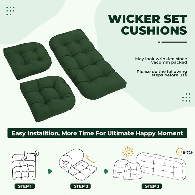 Wicker Chair Cushions, Waterproof Outdoor Loveseat Cushions for Patio Furniture, 3 Pieces Wicker Furniture Cushions, 1 Loveseat and 2 U-Shaped Cushions, Green