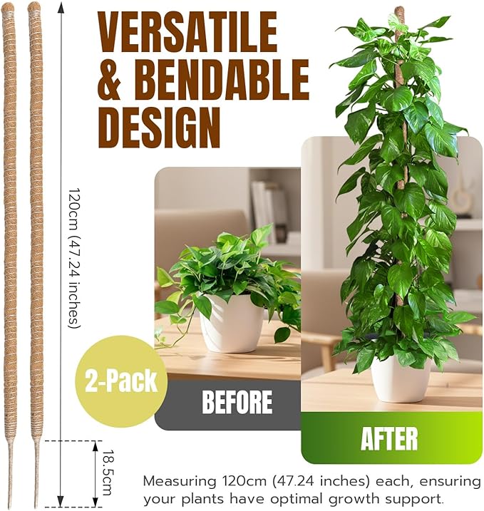 Mcbazel 2 Pack 47 Inch Moss Pole for Plants Monstera, Plant Support Stick, Bendable Moss Poles Plant Support Stick for Climbing Plants, Stick Support Stake Kit for Potted Plants,Pothos,Philodendron