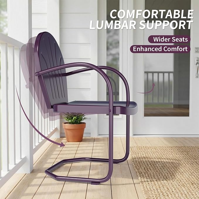 Patio Bistro Set Retro Metal Outdoor Seating Conversation 3 Pieces, 2 C-Spring Motion Armchairs and Round Side Table, for Porch, Lawn, Garden, Purple