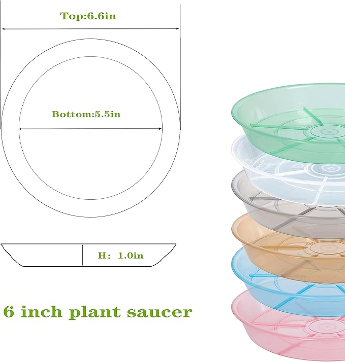6 Pack 6 inch Plant Saucer Drip Tray, 4 5 6 8 9 10 12 14 16 18 inch, Heavy Sturdy Plastic Planter Flower Pot Saucers for Indoor Outdoor Garden, Plant Water Drip Trays for pots Base (6", Clear)