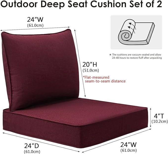 Sunbrella Outdoor Patio Chair Cushions Set, 24" x 24", Set of 2, Water-Repellent, Fade Resistant, Deep Seat Cushion for Backyard, Couch, Sofa and Patio Furniture, Spectrum Ruby