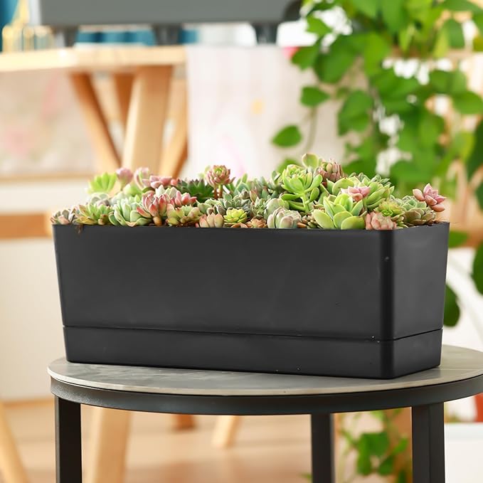 Self Watering Pots for Indoor Plants 17 Inches Window Boxes Planters Rectangular Flower Pots Rectangle Herb Pots Large Plant Pots with Drainage Holes and Saucers Windowsill Planter (2, Black)