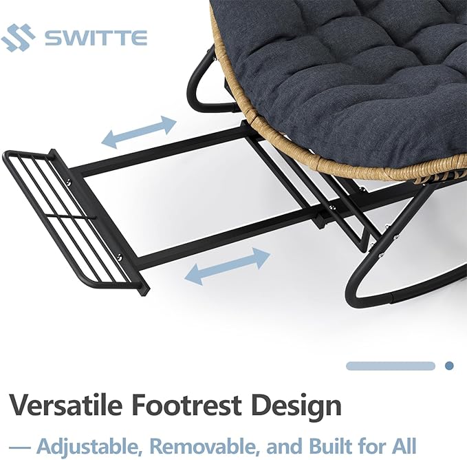 SWITTE Papasan Rocking Chair with Adjustable Footrest, Oversized Wicker Zero-Gravity Outdoor Rocker with Cushion, All-Weather Lounge Chair for Patio, Living Room-Dark Grey
