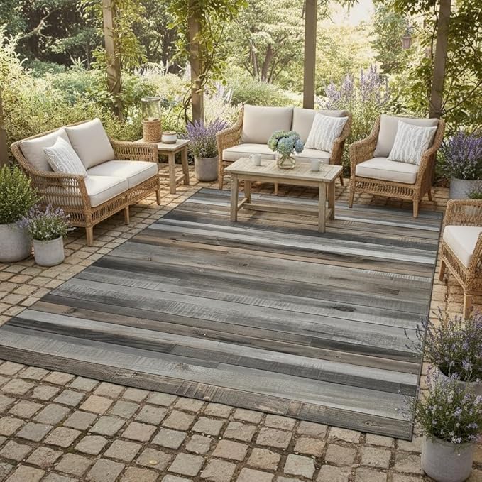 Rustic Washable Wooden Board Outdoor Area Rug 3x5 Natural Wood Grain Outdoor Rug for Courtyard Balcony Deck Backyard Patio Front Porch Waterproof Anti Slip Lightweight Foldable Carpet Grey Brown