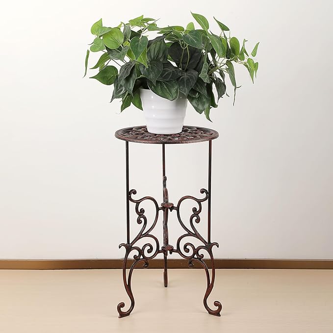 OwnMy Cast Iron Tall Plant Stand Heavy Duty Vintage Wrought Iron Flower Pot Holder, Decorative 1-Tier Potted Plant Holder Rack, Indoor Outdoor Large Metal Plant Stand for Patio Garden, Red Bronze