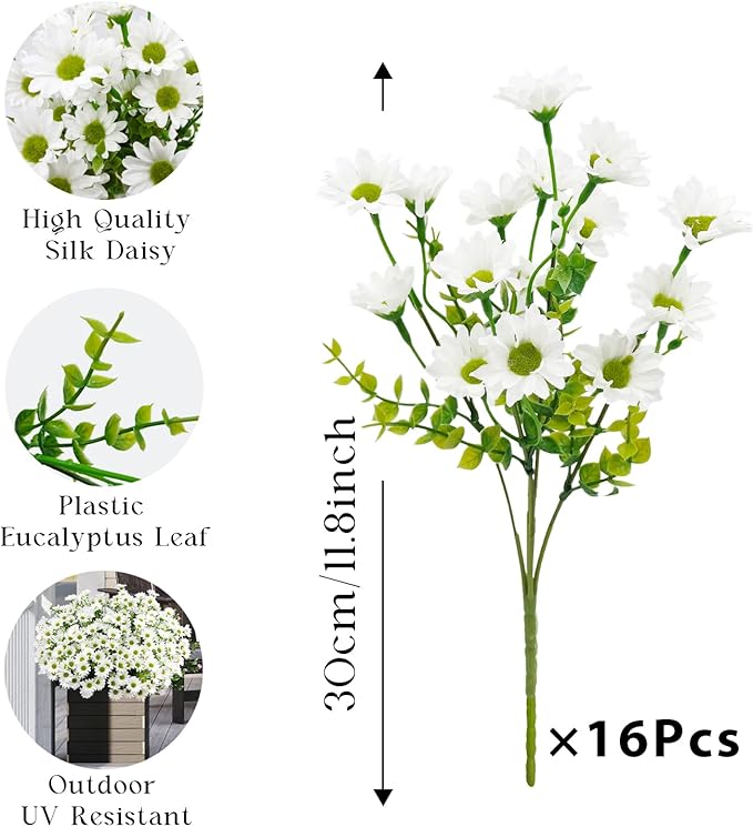 16 Bundles Silk Daisy Artificial Flowers for Outdoors UV Resistant Fake Daisies Plastic Plants Flower for Home Outside Front Door Porch Garden Patio Planters Decoration (White)