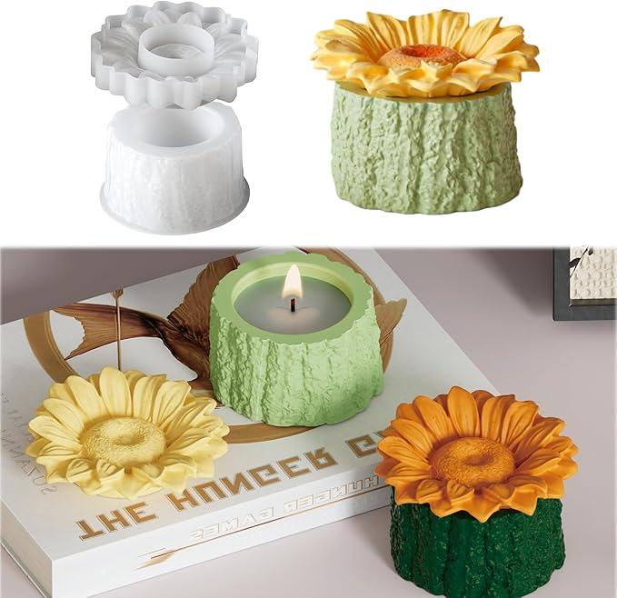 Tree Stump Planter Jar Silicone Mold with Sunflower Lid for DIY Candle Holder, Epoxy Resin Storage Container, Cement Plaster Craft - Flower Pot, Candy Dish, Fairy Garden Decor