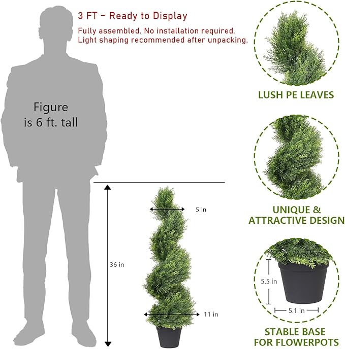 THE BLOOM TIMES 3ft Artificial Topiary Trees Set of 2, 36 inch Faux Cedar Cypress Spiral Topiary Trees Outdoor - Fake Plants for Garden Front Porch Indoor Outside Planter Christmas Decor 3 Foot