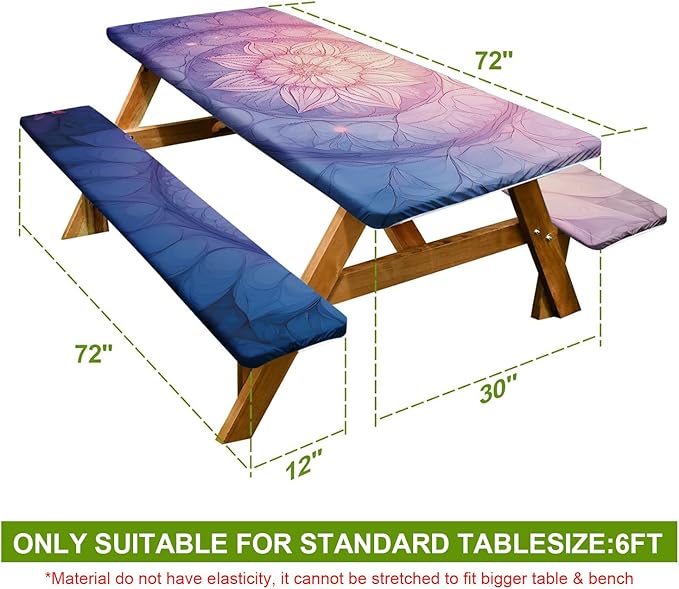 Mandala Design Picnic Table Cover with Bench Covers Set of 3 - Colorful Gradient Geometric Pattern, Elastic Fitted Tablecloth for 6 Ft Tables, Washable Polyester Cover for Patio, Indoor & Outdoor