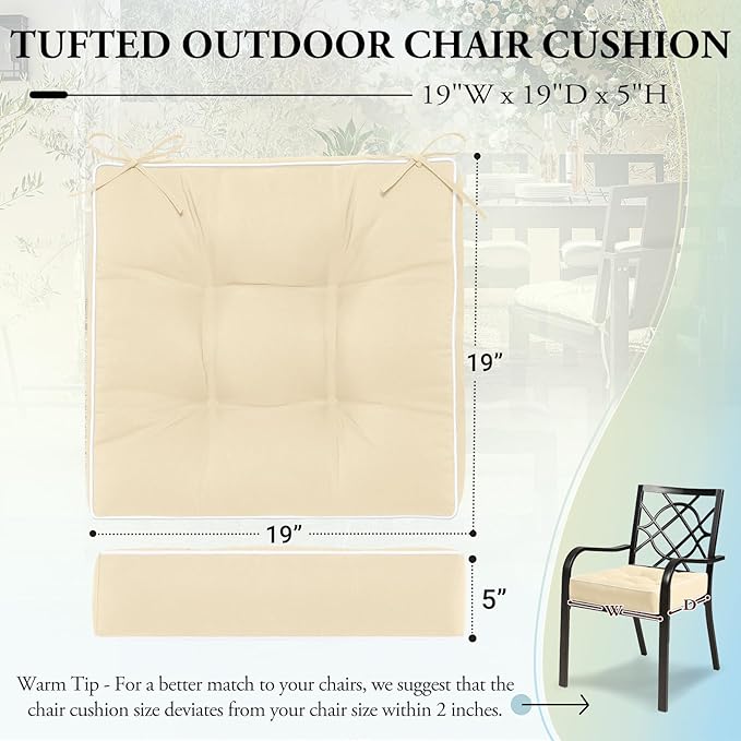 Wellsin Outdoor Chair Cushions Set of 2, Patio Cushions for Outdoor Furniture, Tufted Waterproof Outdoor Chair Pads, 19 x 19 Inch, Beige