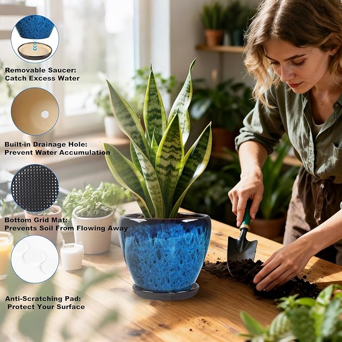 Ceramic Plant Pots with Saucer,10 inch Glaze Large Planters for Indoor Plants with Drainage Holes, Decorative Flower Pots Outdoor,Modern Orchid Pots for Home Room Decor