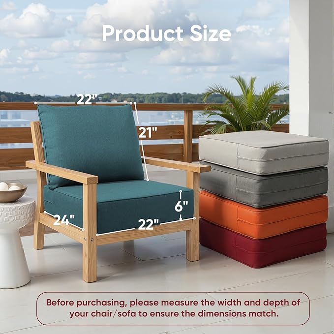 Outdoor Chair Cushions, 6" Thick Seat Cushion for Outdoor Furniture, Waterproof 22x24 Patio Furniture Cushions, Patio Couch Cushions Replacement, Include 2 Back & 2 Seat Cushion, Thick/Peacock Green