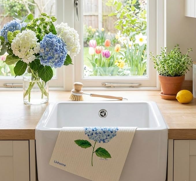 Garden Collection Hydrangea Swedish Dishcloth, Reusable Paper Towel, Super Absorbent Cellulose Sponge, Kitchen Cleaning Cloth, Washable & Compostable (Blue Hydrangea - 4 Pack)