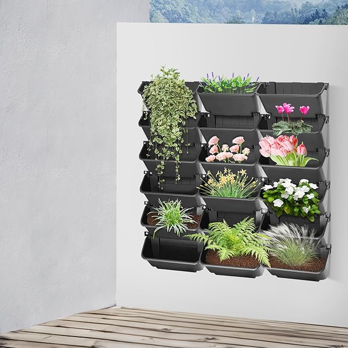 Eapmic Vertical Wall Planter with 18 Pots, Hanging Garden Plant Flowerpot Holder, Stackable Wall-Mounted Planter, Balcony Planters for Flowers Vegetables Fruits (Black, 18 Pots)
