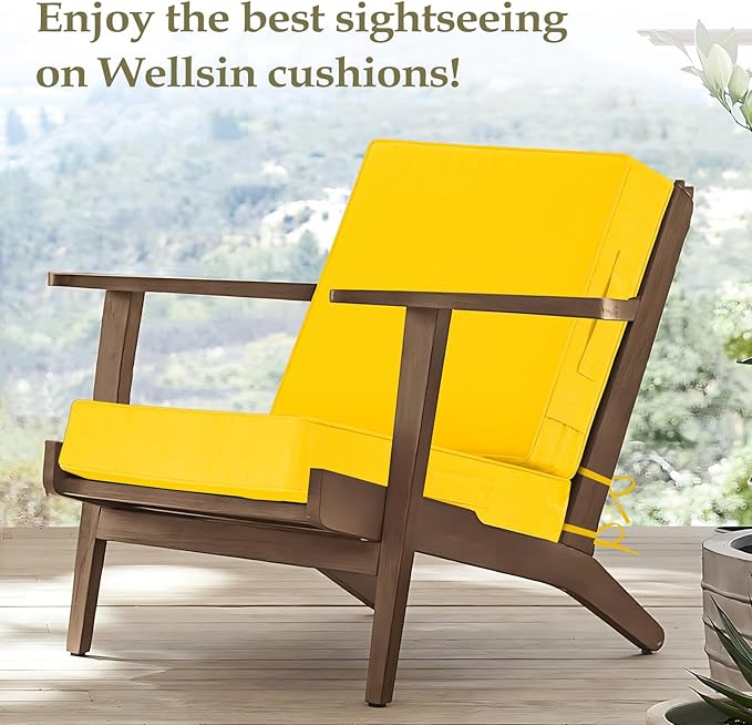 Wellsin Outdoor Cushions for Patio Furniture, Waterproof Outdoor Seat Cushions with Ties and Handle, 22X22 Outdoor Cushions, Outdoor Deep Seat Cushions with Removable Cover, Yellow