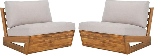SAFAVIEH Outdoor Patio Furniture Collection – Dune Lounge Chair Set of 2, Solid Wood Outdoor Seating with Light Grey Cushions, Modern Relaxed Design (PAT7328B-SET2)