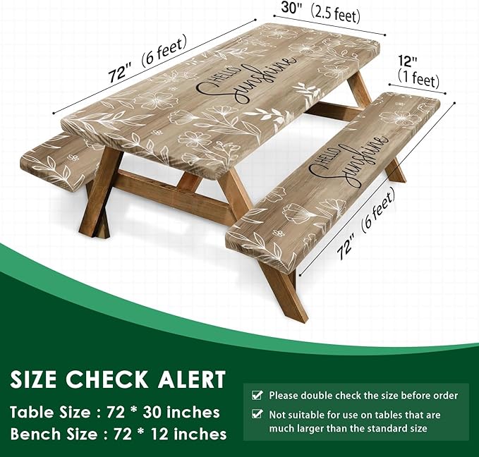 Picnic Table Cover with Bench Covers Elastic Edges, Flower Wood Camper Fitted Table Cover, Outdoor Patio Camping Essentials 72 Inch 3PCS, Waterproof Camping Fitted Tablecloth with Drawstring Bag