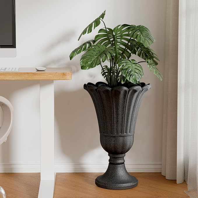 Tall Plastic Urn Planters for Outdoor Plants Set of 2-23.6" H Classic Petal Design Indoor Large Flower Pots with Drainage Holes, Outdoor Planters for Porch Decor/Garden Vase, Black