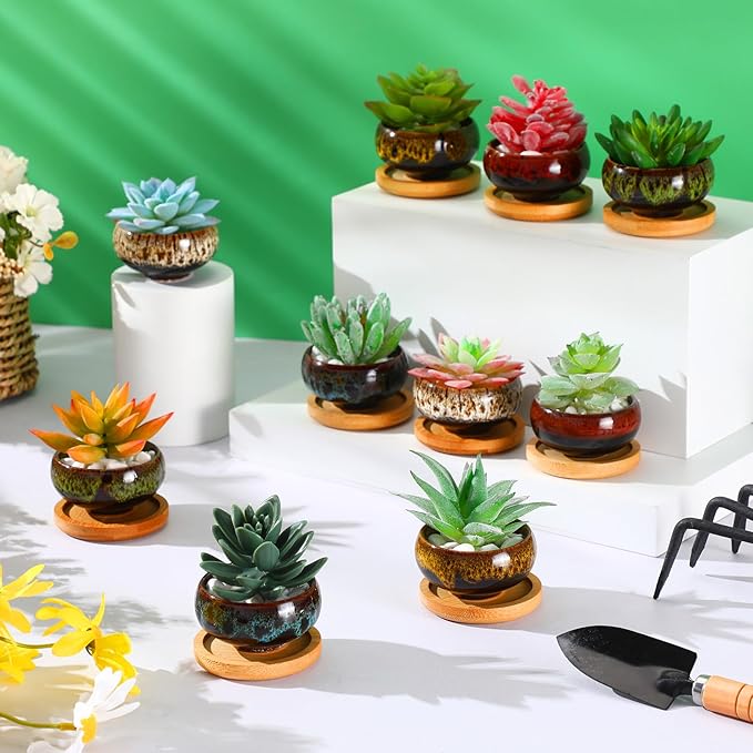 12 Pcs Succulent Pots 2.5 Inch Mini Ceramic Succulent Garden Flower Pots Planters with Drainage and Bamboo Tray for Indoor Garden Plants Planters Colorful Flower Pot(Round,1.2 Inch H)