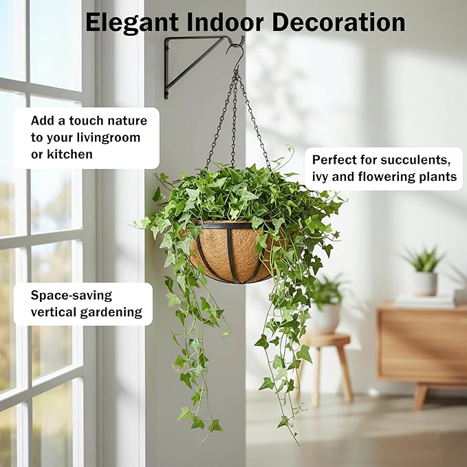 4 Pack 14 Inch Round Hanging Basket with Coco Liners， Metal Hanging Baskets for Plants Outdoor， Hanging Planter with Chain Garden Products for Outdoor, Porch, Lawn, Garden