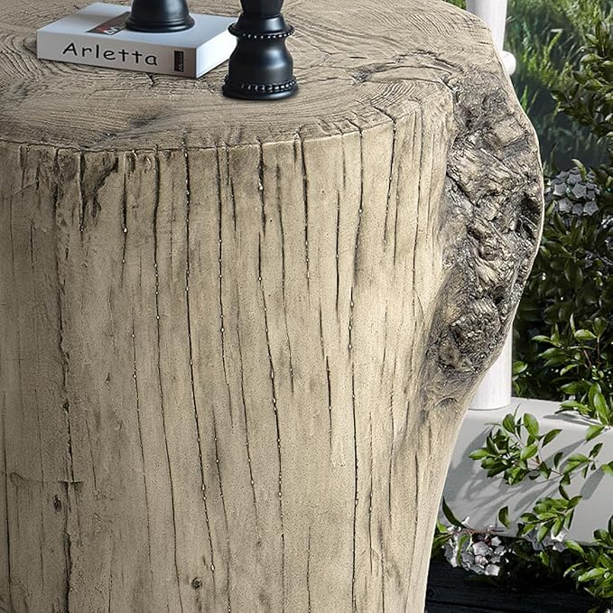 SUNBURY Outdoor Side Table Set of 2, Tree Stump Side Table Grey Colored Faux Wood, End Table Wood Stump Stool, Ottoman or Plant Stand, Deck or Garden
