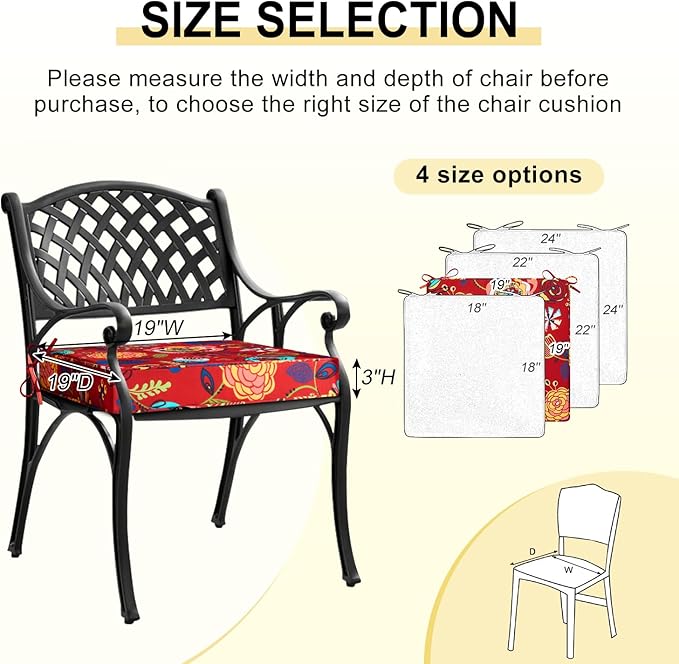 downluxe Outdoor Chair Cushions Set of 4, Waterproof 19" x 19" x 3" Patio Chair Cushion with Non-Slip Ties & Handle, Square Outdoor Cushion for Patio Furniture with Removable Cover, Sonia Scarlet