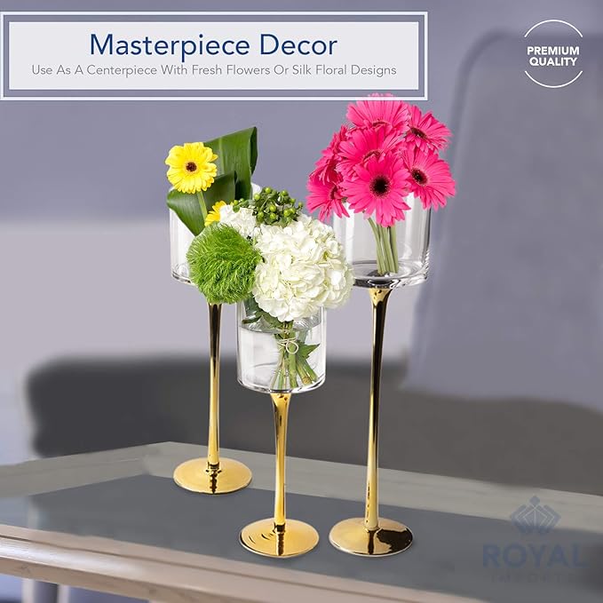 Royal Imports Glass Candleholder Flower Vase, Floating & Pillar Candle Centerpiece Display, Decorative Hurricane on Pedestal for Home or Wedding Set of 3, Gold
