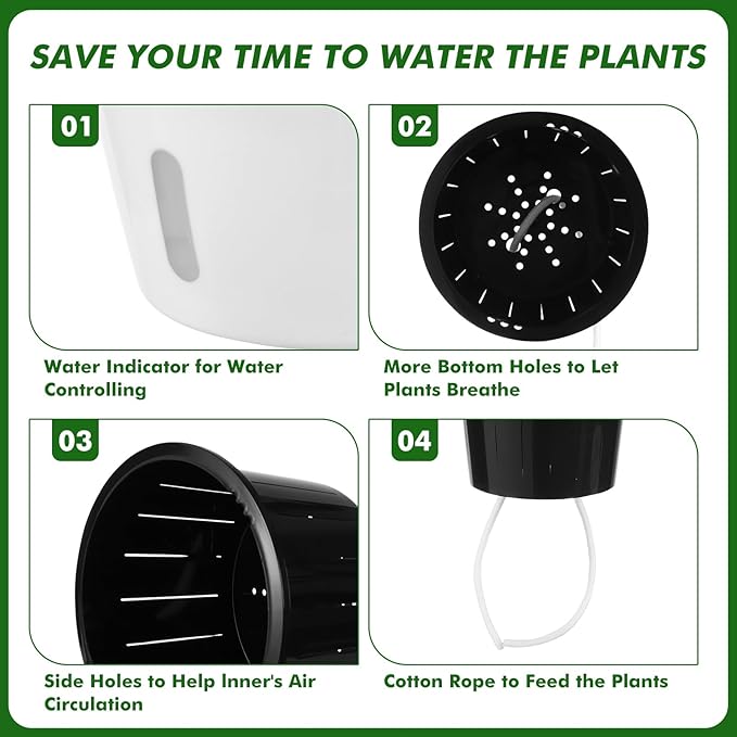 Planterhoma 5 Inch Self Watering Pots for Indoor Plants, 6 Packs African Violet Pots with Indicator, Black Wick Pot with Drainage Holes, Self Watering Planters for Orchid, Devil's Ivy, White