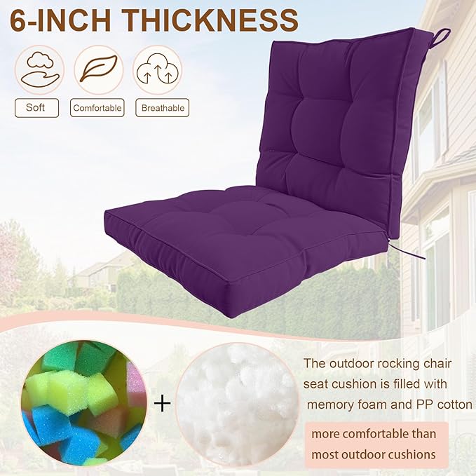 2 Piece Outdoor Patio Chair Cushions, Fade Resistant Outdoor Cushions for Patio Furniture, 6 inch Thickened Rocking Chair Cushions Set (Purple, 24x24x6 inch - 2 Pieces)