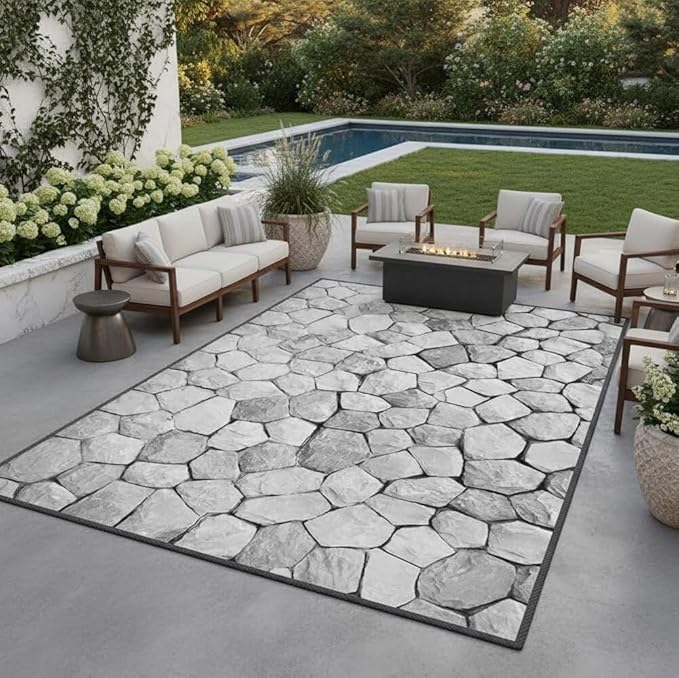 Modern Abstract Art Decor Stone Texture White Grey Waterproof Outdoor Area Rugs for Garden Balcony Backyard RV Camping Pool Patios Deck Carpets Quick Dry Easy Clean Thin Low Pile Floor Mats 10x12