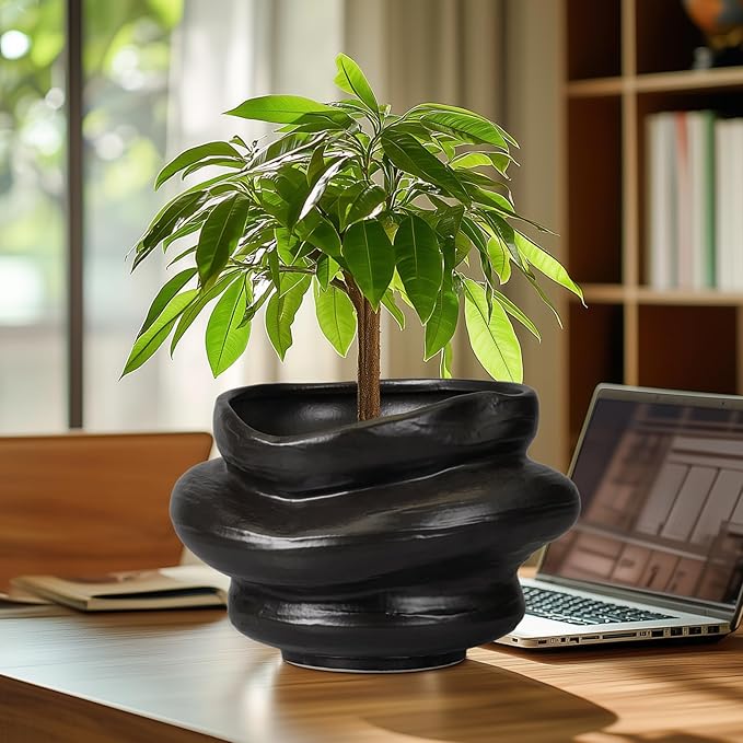 Ceramic Pots for Plants 10.6 Inch - Bonsai Flower Pots for Indoor Plants with Drainage Hole, Decorative Outdoor Pot for Plant, Gift for Men Women, Black